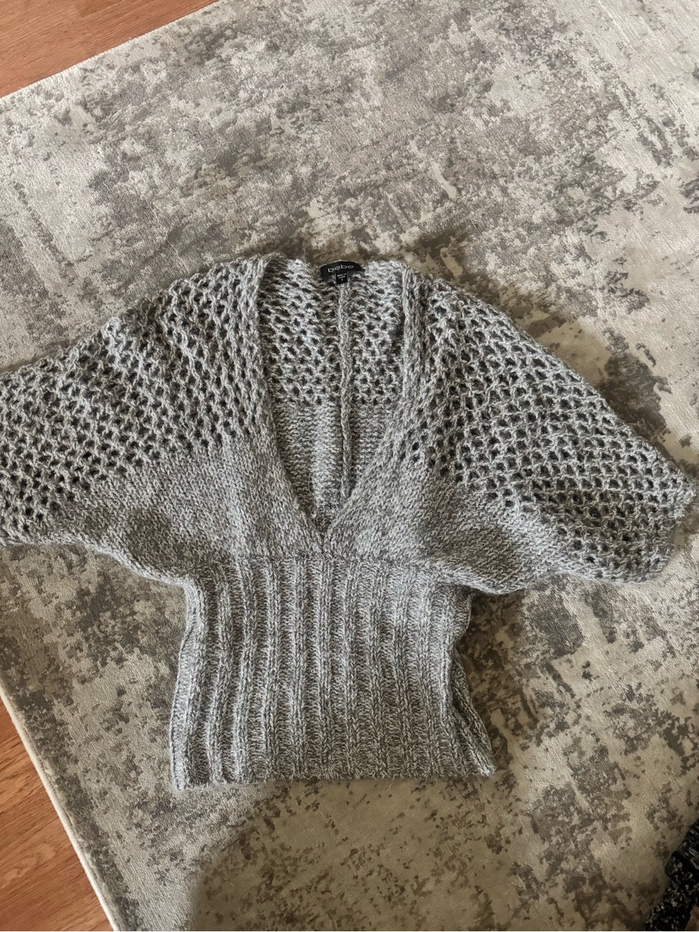 BEBE Grey Open-Knit V-Neck Short Sleeve Sweater